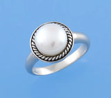 White and Black Plated Silver Ring with 9-9.5mm Button Shape Freshwater Pearl - Wing Wo Hing Jewelry Group - Pearl Jewelry Manufacturer