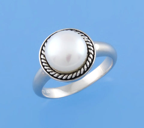 White and Black Plated Silver Ring with 9-9.5mm Button Shape Freshwater Pearl