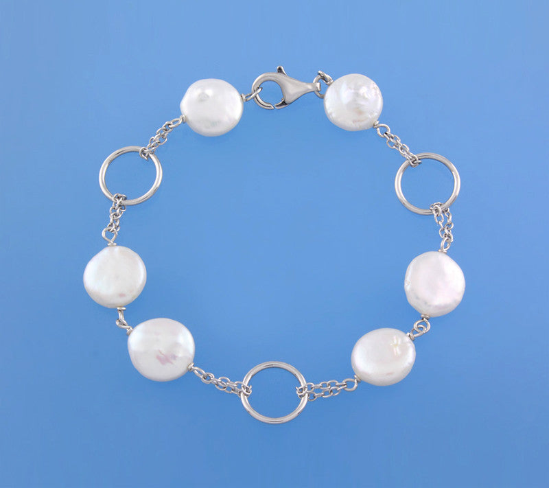 Sterling Silver Bracelet with 11-12mm Coin Shape Freshwater Pearl - Wing Wo Hing Jewelry Group - Pearl Jewelry Manufacturer
