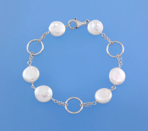 Sterling Silver Bracelet with 11-12mm Coin Shape Freshwater Pearl