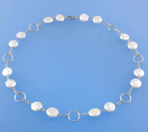 Sterling Silver Necklace with 11-12mm Coin Shape Freshwater Pearl