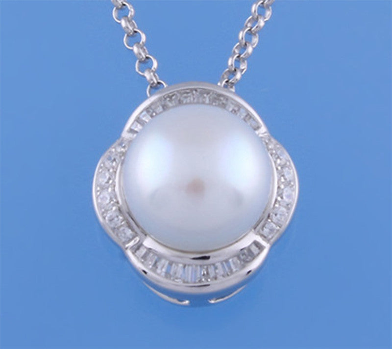 Sterling Silver Pendant with 10-10.5mm Button Shape Freshwater Pearl and Cubic Zirconia - Wing Wo Hing Jewelry Group - Pearl Jewelry Manufacturer