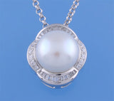 Sterling Silver Pendant with 10-10.5mm Button Shape Freshwater Pearl and Cubic Zirconia - Wing Wo Hing Jewelry Group - Pearl Jewelry Manufacturer