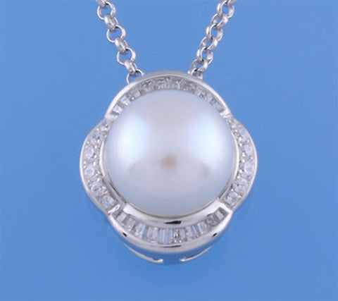 Sterling Silver Pendant with 10-10.5mm Button Shape Freshwater Pearl and Cubic Zirconia
