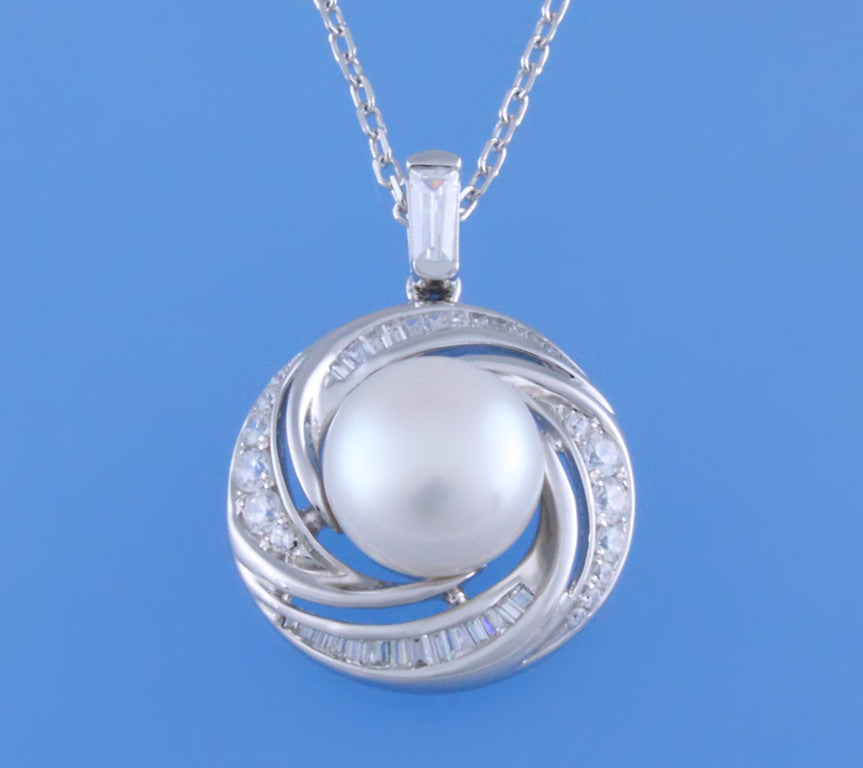 Sterling Silver Pendant with 10-5-11mm Button Shape Freshwater Pearl and Cubic Zirconia - Wing Wo Hing Jewelry Group - Pearl Jewelry Manufacturer