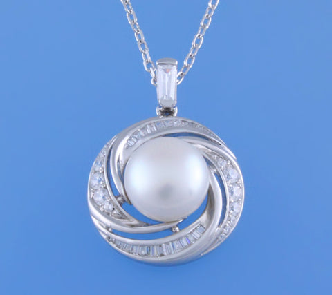 Sterling Silver Pendant with 10-5-11mm Button Shape Freshwater Pearl and Cubic Zirconia
