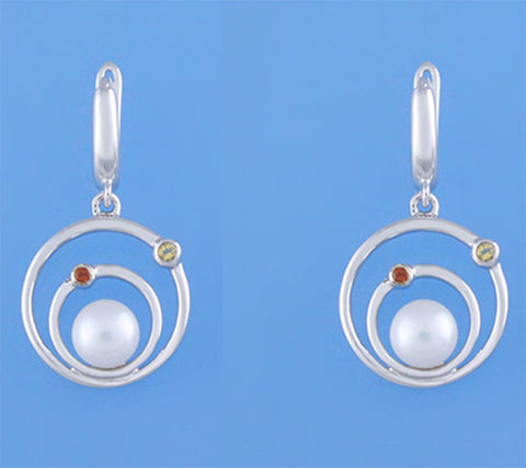 Sterling Silver Earrings with 6.5-7mm Button Shape Freshwater Pearl, Topaz and Garnet