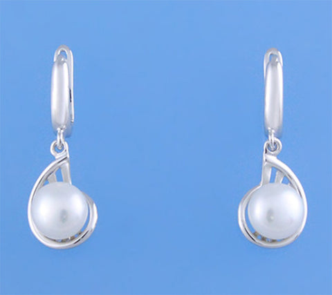 Sterling Silver Earrings with 7.5-8mm Button Shape Freshwater Pearl