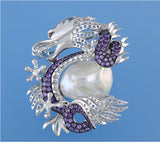 White and Black Plated Silver Brooch with 19.5-20mm Baroque Shape Freshwater Pearl, Garnet and Amethyst - Wing Wo Hing Jewelry Group - Pearl Jewelry Manufacturer