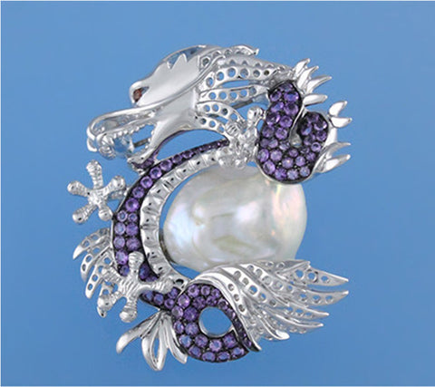 White and Black Plated Silver Brooch with 19.5-20mm Baroque Shape Freshwater Pearl, Garnet and Amethyst