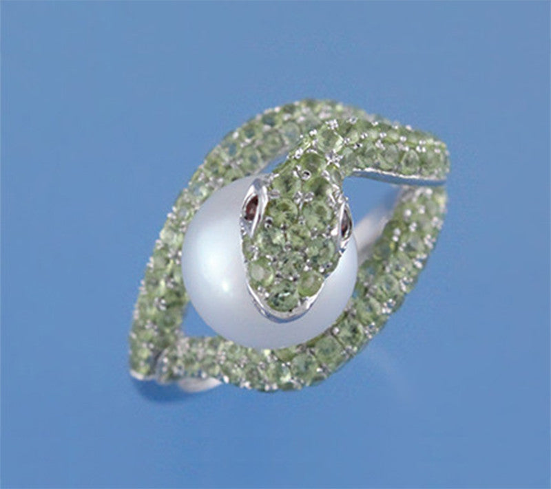 Sterling Silver Ring with 9.5-10mm Button Shape Freshwater Pearl, Peridot and Garnet - Wing Wo Hing Jewelry Group - Pearl Jewelry Manufacturer