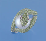 Sterling Silver Ring with 9.5-10mm Button Shape Freshwater Pearl, Peridot and Garnet - Wing Wo Hing Jewelry Group - Pearl Jewelry Manufacturer