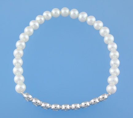 Sterling Silver Bracelet with 5-5.5mm Potato Shape Freshwater Pearl and Cubic Zirconia