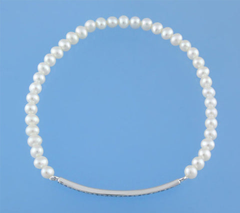 Sterling Silver Bracelet with 3.5-4mm Potato Shape Freshwater Pearl and Cubic Zirconia
