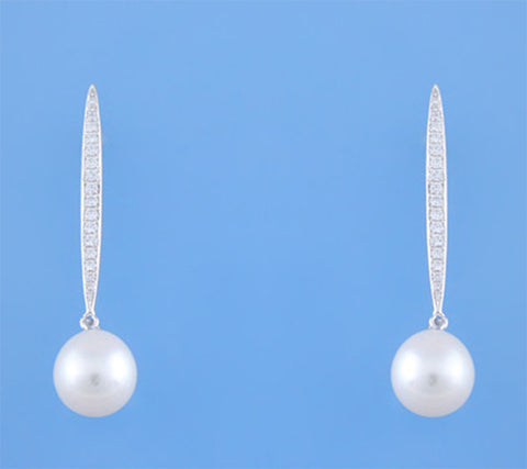 Sterling Silver Earrings with 9-9.5mm Drop Shape Freshwater Pearl and Cubic Zirconia