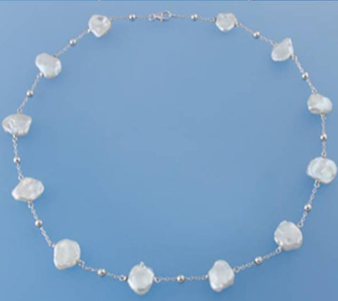 Sterling Silver Necklace with 10*17mm Baroque Shape Freshwater Pearl With Silver Ball