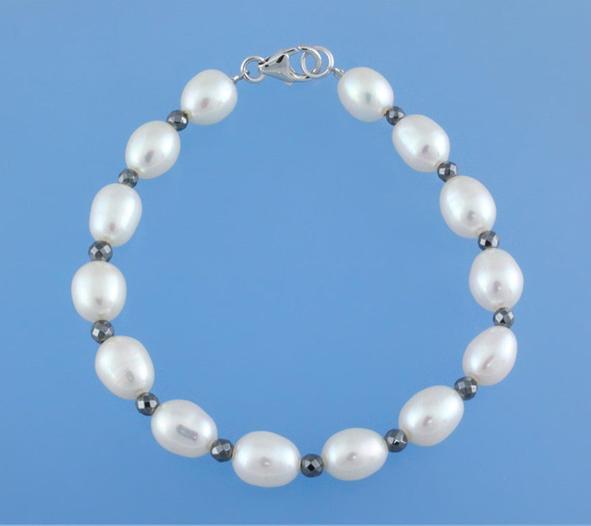 Sterling Silver Bracelet with 7.5-8mm Oval Shape Freshwater Pearl and Hematite - Wing Wo Hing Jewelry Group - Pearl Jewelry Manufacturer