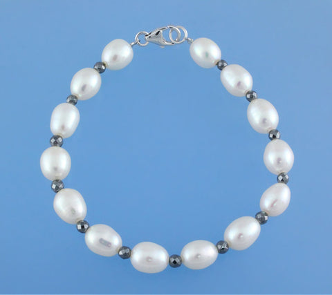 Sterling Silver Bracelet with 7.5-8mm Oval Shape Freshwater Pearl and Hematite