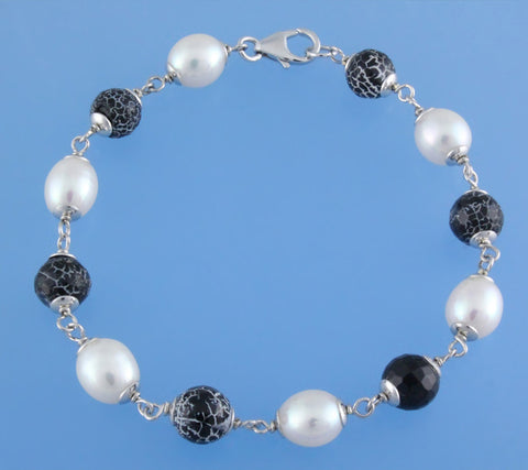 Sterling Silver Bracelet with 7.5-8mm Oval Shape Freshwater Pearl and Agate