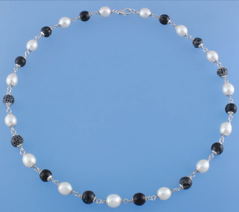 Sterling Silver Necklace with 7.5-8mm Oval Shape Freshwater Pearl And Agate