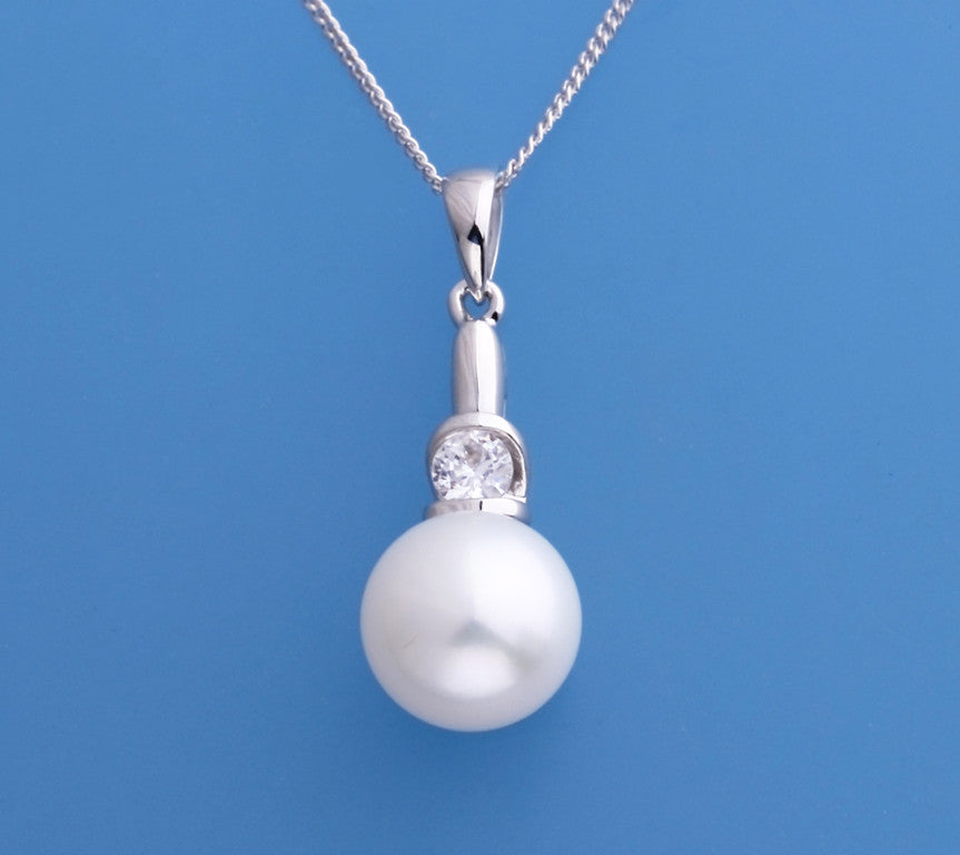 Sterling Silver Pendant with 10.5-11mm Button Shape Freshwater Pearl and Cubic Zirconia - Wing Wo Hing Jewelry Group - Pearl Jewelry Manufacturer