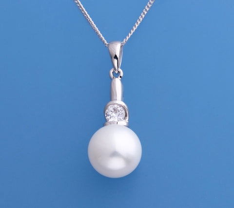 Sterling Silver Pendant with 10.5-11mm Button Shape Freshwater Pearl and Cubic Zirconia