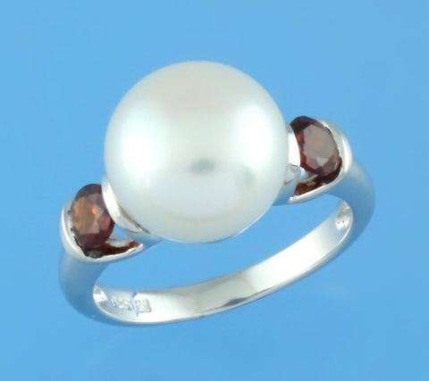 Sterling Silver Ring with 11-11.5mm Button Shape Freshwater Pearl and Garnet