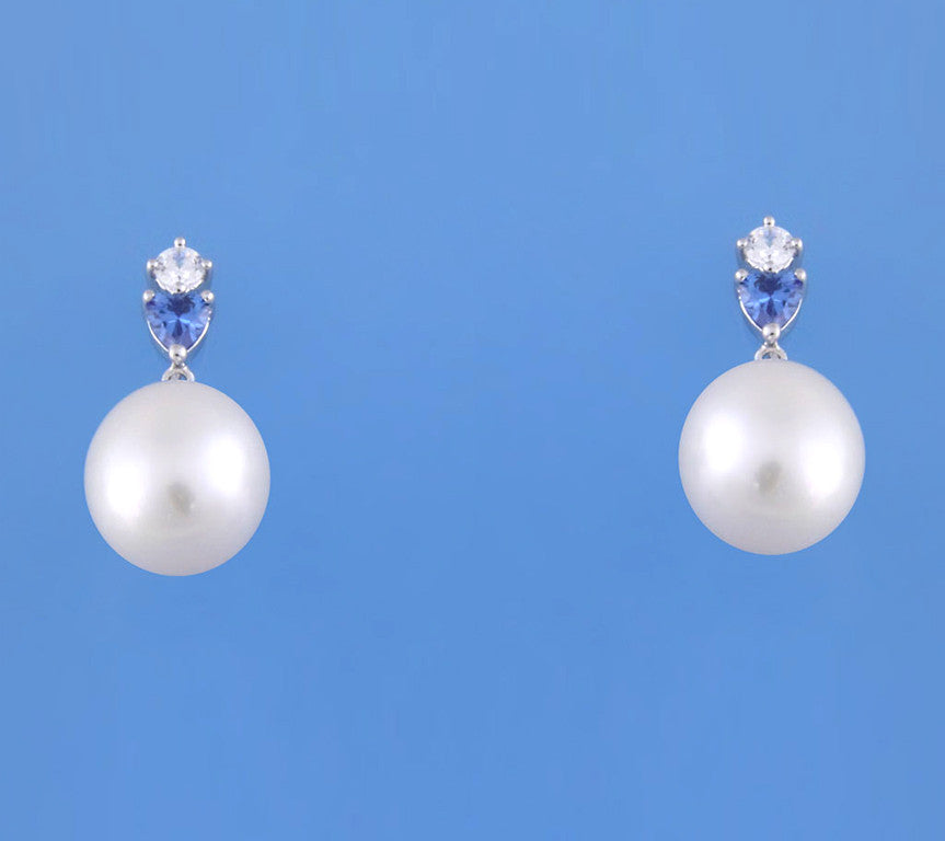 Sterling Silver Earrings with 11.5-12mm Drop Shape Freshwater Pearl and White and Blue Cubic Zirconia - Wing Wo Hing Jewelry Group - Pearl Jewelry Manufacturer