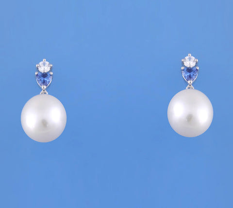 Sterling Silver Earrings with 11.5-12mm Drop Shape Freshwater Pearl and White and Blue Cubic Zirconia