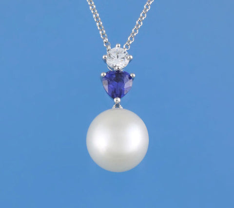 Sterling Silver Pendant with 11.5-12mm Drop Shape Freshwater Pearl and Cubic Zirconia