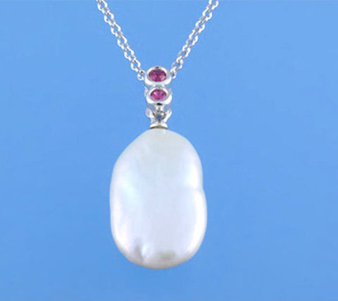 Sterling Silver Pendant with 11-12mm Baroque Shape Freshwater Pearl and Red Corundum