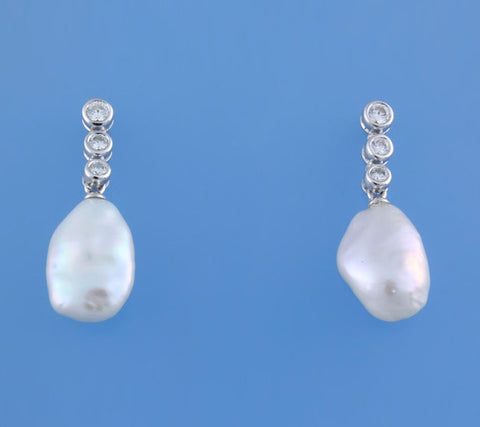 Sterling Silver Earrings with Baroque Shape Freshwater Pearl and Cubic Zirconia