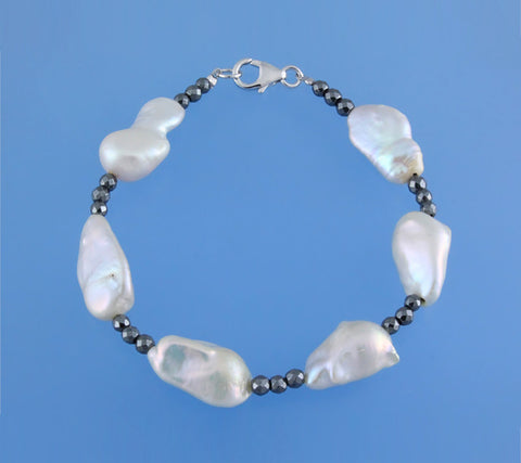 Sterling Silver Bracelet with 10-11mm Keshi Pearl Freshwater Pearl and Hematite