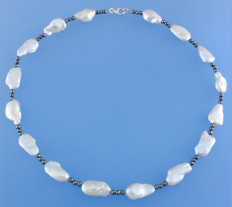 Sterling Silver Necklace with 10-11mm Keshi Shape Freshwater Pearl and Hematite - Wing Wo Hing Jewelry Group - Pearl Jewelry Manufacturer