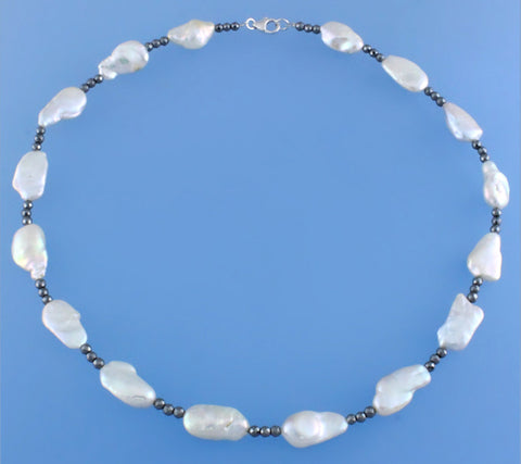 Sterling Silver Necklace with 10-11mm Keshi Shape Freshwater Pearl and Hematite