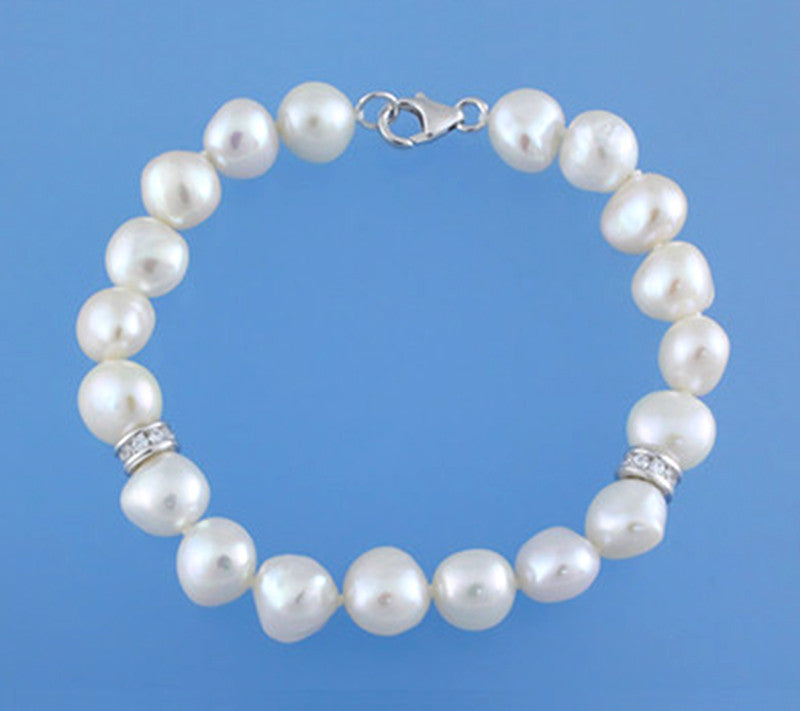 Sterling Silver Bracelet with 9-9.5mm Piece Shape Freshwater Pearl and Cubic Zirconia - Wing Wo Hing Jewelry Group - Pearl Jewelry Manufacturer