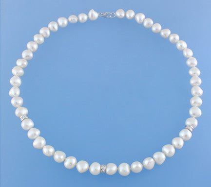 Sterling Silver Necklace with 9-10mm Piece Shape Freshwater Pearl and Cubic Zirconia