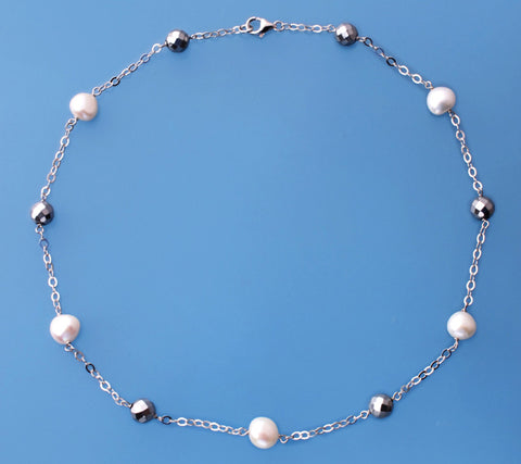 Sterling Silver Necklace with 9-9.5mm Side-Drilled Freshwater Pearl and Hematite