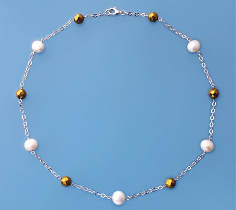 Sterling Silver Necklace with Side-Drilled Freshwater Pearl and Hematite