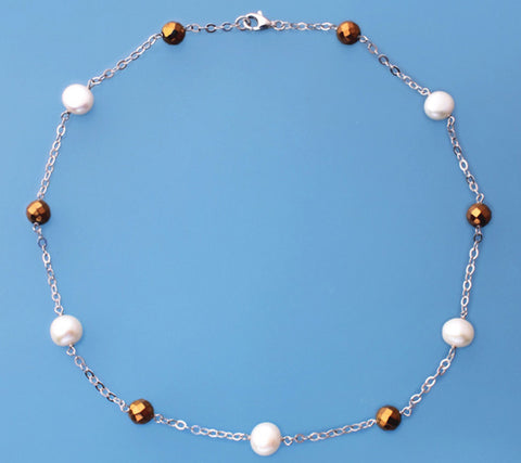 Sterling Silver Necklace with 9-9.5mm Side-Drilled Freshwater Pearl and Hematite