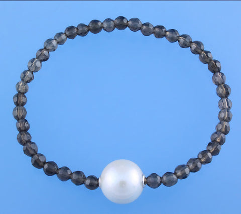 Sterling Silver Bracelet with 11.5-12.5mm Round Shape Freshwater Pearl and Smoky Quartz