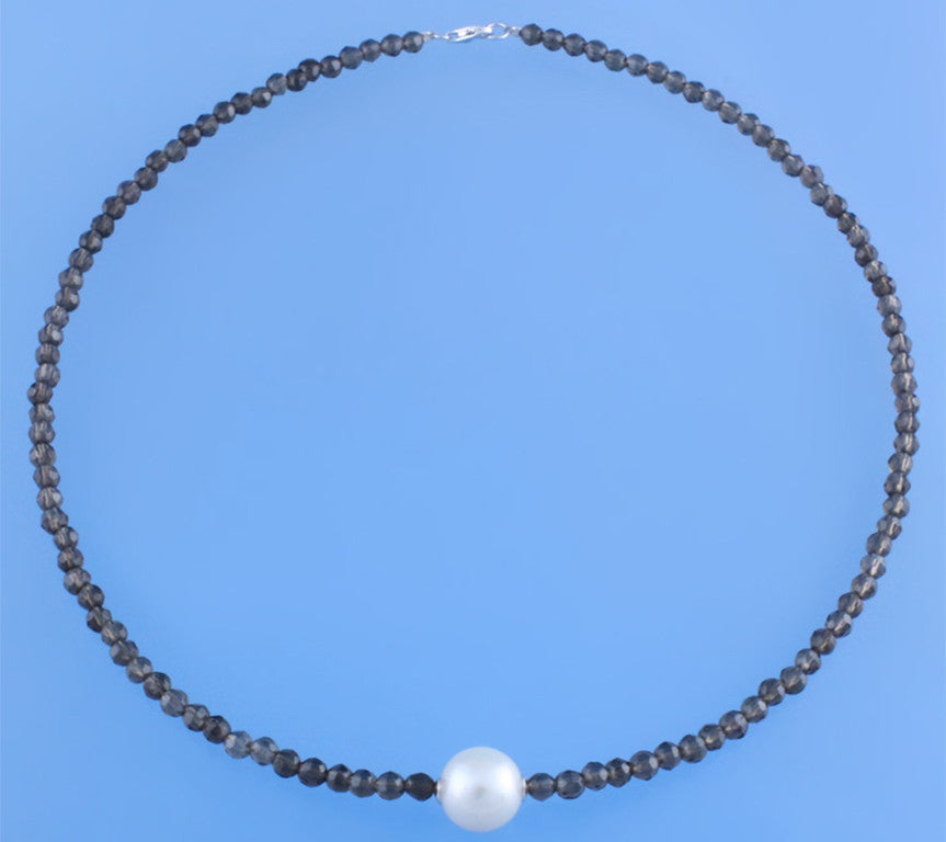 Sterling Silver Necklace with 11.5-12.5mm Round Shape Freshwater Pearl and Smoky Quartz - Wing Wo Hing Jewelry Group - Pearl Jewelry Manufacturer
