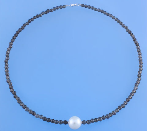 Sterling Silver Necklace with 11.5-12.5mm Round Shape Freshwater Pearl and Smoky Quartz