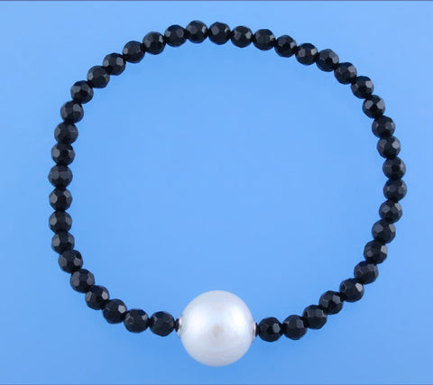 Sterling Silver Bracelet with 11.5-12.5mm Round Shape Freshwater Pearl and Black Agate