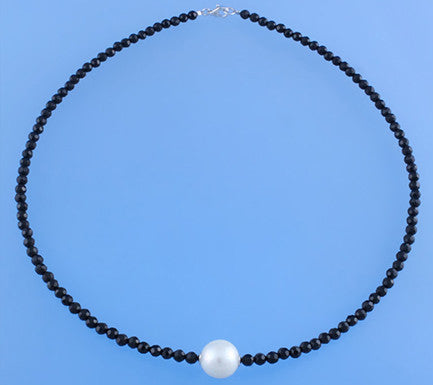Sterling Silver Necklace with 11.5-12.5mm Round Shape Freshwater Pearl and Black Agate