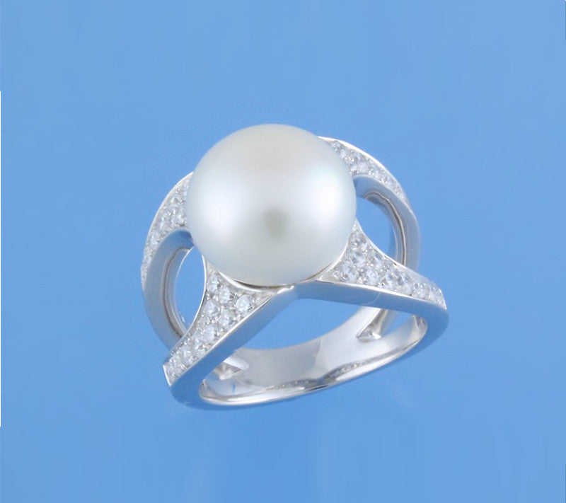 Sterling Silver Ring with 11-11.5mm Button Shape Freshwater Pearl and Cubic Zirconia - Wing Wo Hing Jewelry Group - Pearl Jewelry Manufacturer