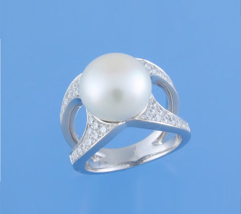 Sterling Silver Ring with 11-11.5mm Button Shape Freshwater Pearl and Cubic Zirconia