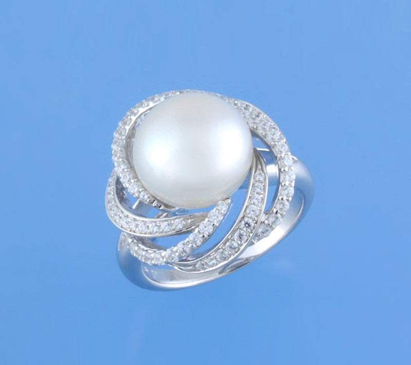 Sterling Silver Ring with 11-11.5mm Button Shape Freshwater Pearl and Cubic Zirconia - Wing Wo Hing Jewelry Group - Pearl Jewelry Manufacturer