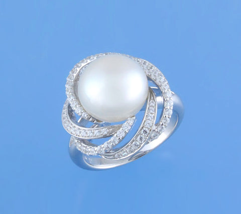 Sterling Silver Ring with 11-11.5mm Button Shape Freshwater Pearl and Cubic Zirconia