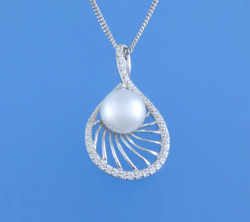 Sterling Silver Pendant with 7.5-8mm Button Shape Freshwater Pearl and Cubic Zirconia - Wing Wo Hing Jewelry Group - Pearl Jewelry Manufacturer